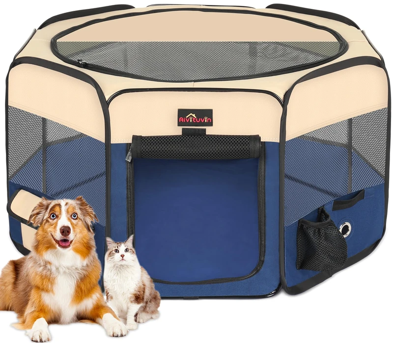 Dog Playpen, Cat Playpen - Foldable Pet Playpen with Carrying Case, Portable Pet Tent for Indoor/Outdoor Use | Water Resistant | Removable Shade Cover - (Blue, X-Large)