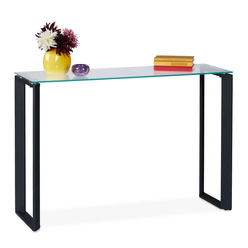 Relaxdays console table with glass tabletop, hallway sideboard, 110x35x75 cm (LxWxH), narrow side unit, metal, black, Steel