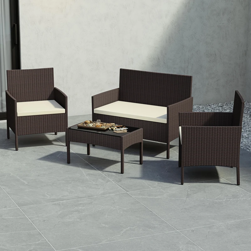 Garden Vida Kendal 4 Piece Rattan Seating Set – Brown – Complete Outdoor Garden Furniture Set – Steel Frame & PE Wicker Construction – UKFR Certified, Weather Resistant, With Cushions