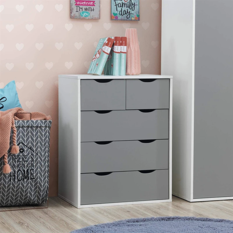 Timber Art Design UK Alton 3+2 Chest of Drawer Floor Standing Wide Storage Cabinet Cupboard Organiser Unit With Pull Out Handles For Modern Bedroom, Living Room, Office Furniture, White & Grey - Image 1