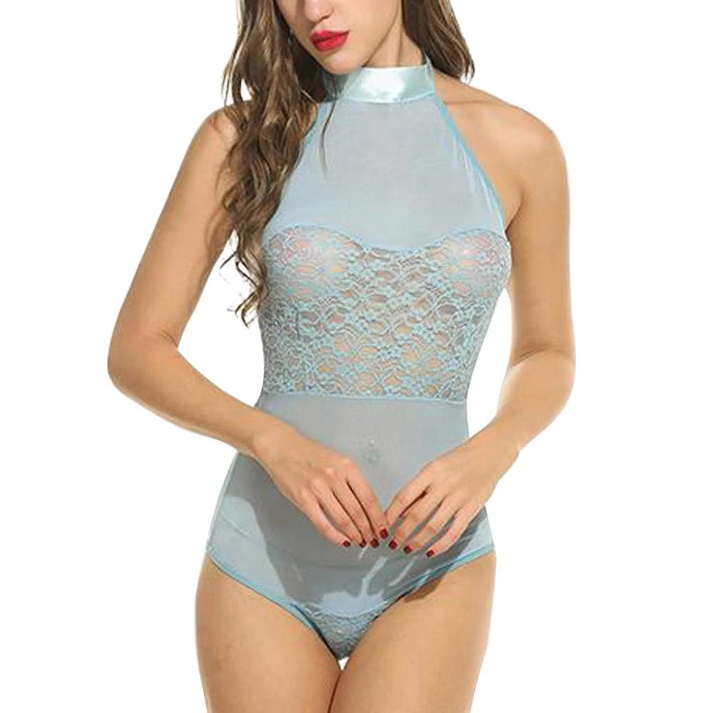 Sexy Lingerie for Women for Sex Lace Patchworky Teddyy Womens Halter Erotic Lingerie Baby Underwear Corset Porno Backless Sleepwear-Blue_S