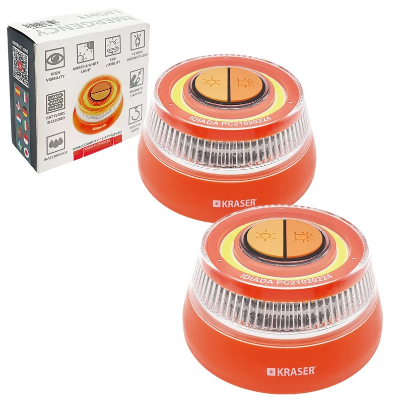 KRASER KR4V16NP2 (NOT Connected and NOT Valid for 2026 DGT Requirements) Pack 2 Road Flares, V-16 Emergency Light Disc Beacon, Safety Flashing Warning Light with Magnetic Base, Autonomous