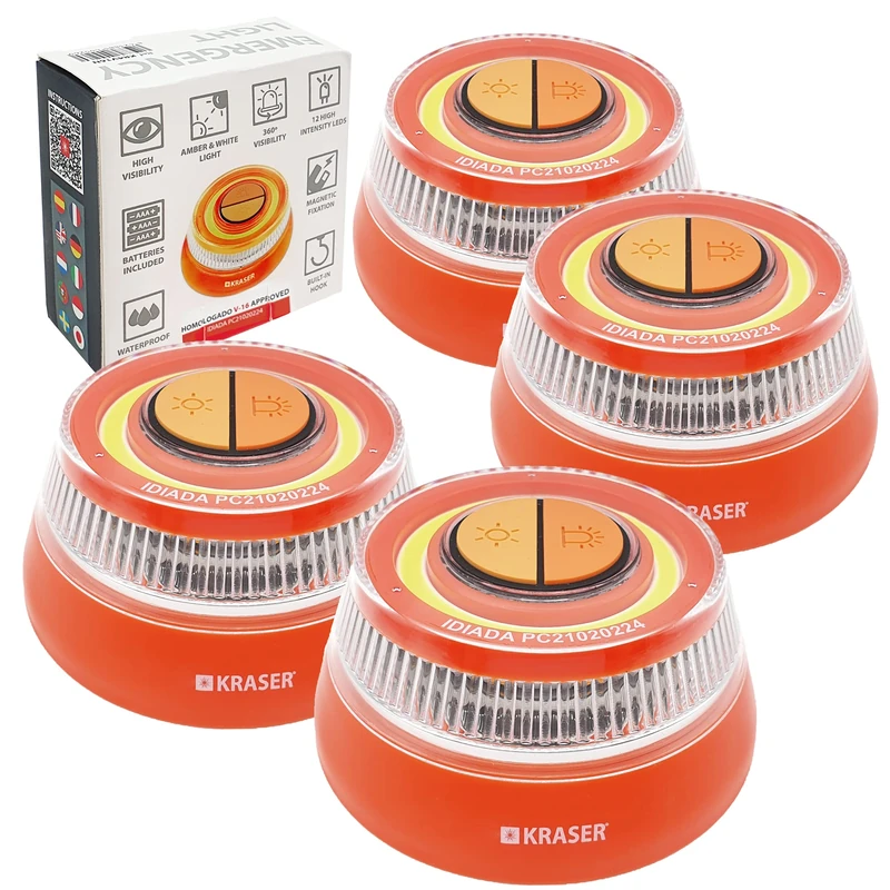 KRASER KR4V16NP4 (NOT Connected and NOT Valid for 2026 DGT Requirements) Pack 4 Road Flares, V-16 Emergency Light Disc Beacon, Safety Flashing Warning Light with Magnetic Base, Autonomous