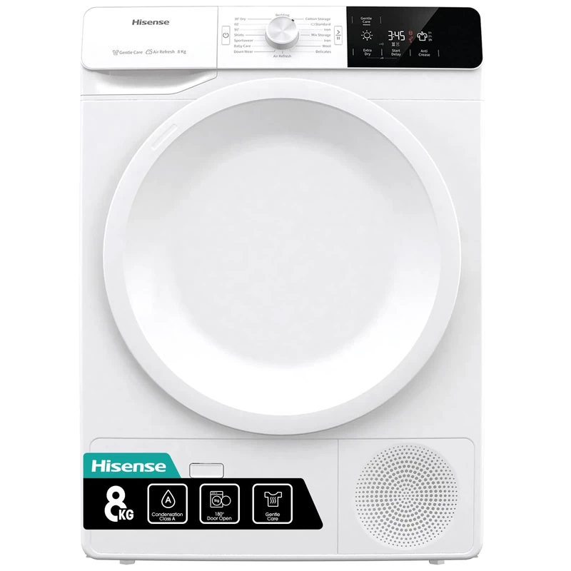 Hisense DCGE801 60cm Freestanding 8 KG Front Load Condenser Tumble Dryer - 16 Programmes - Cupboard Dry - Air Refresh - Start Delay - White