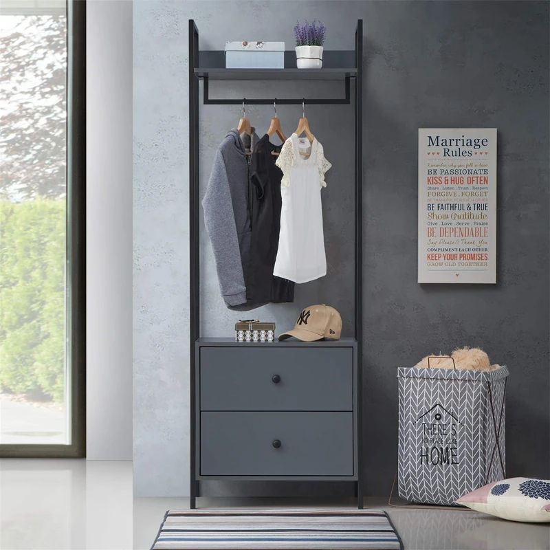 Timber Art Design UK Zahra Bedroom Open Wardrobe with 2 Drawers & Hanging Rail Modern Furniture Storage Organizer Cupboard For Bedroom, Living Room, Dark Grey - 180 x 63.8 x 40 cm