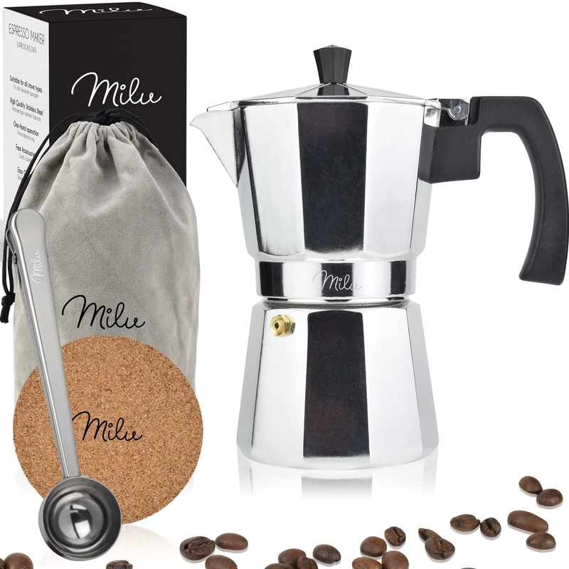 Milu Espresso Maker (No Induction) | 2, 3, 6, 9 Cups | Aluminium Mocha Pot, Espresso Maker Set Including Coaster, Spoon, Brush (Aluminium, 6 Cups (300 ml)