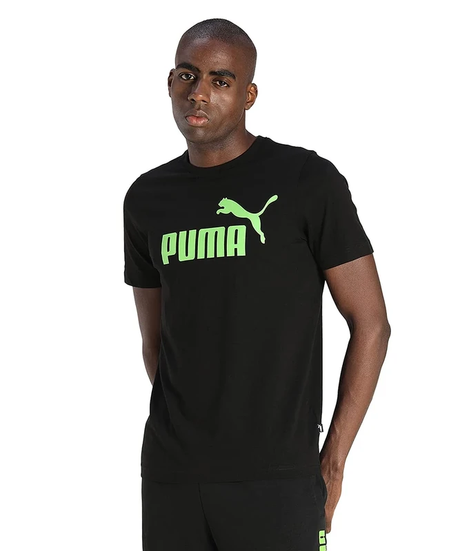 PUMA Men's Ess Logo Tee (S) T-Shirt, Black-Green Fl, XS