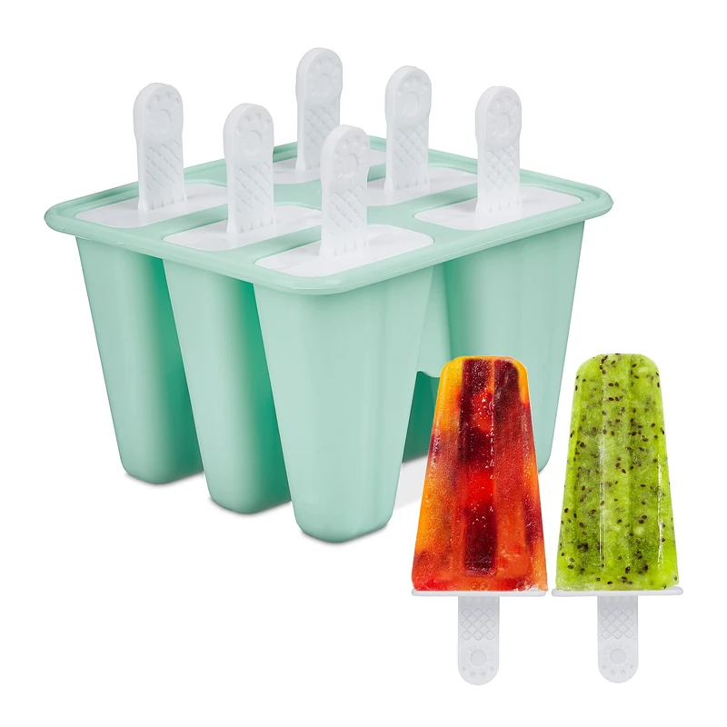 Relaxdays Cream Moulds, 6 Popsicles, 80 ml, DIY Sticks, Ice Maker for Children & Adults, Silicone, Turquoise/White, 12.5 x 14 x 12.5 cm