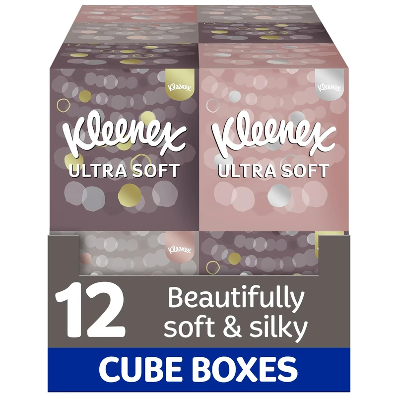 Kleenex Ultra Soft Facial Tissues - Pack of 12 Cube Tissue Boxes - Our Softest Tissue - Supremely Soft and Silky Designed with Luxury in Mind