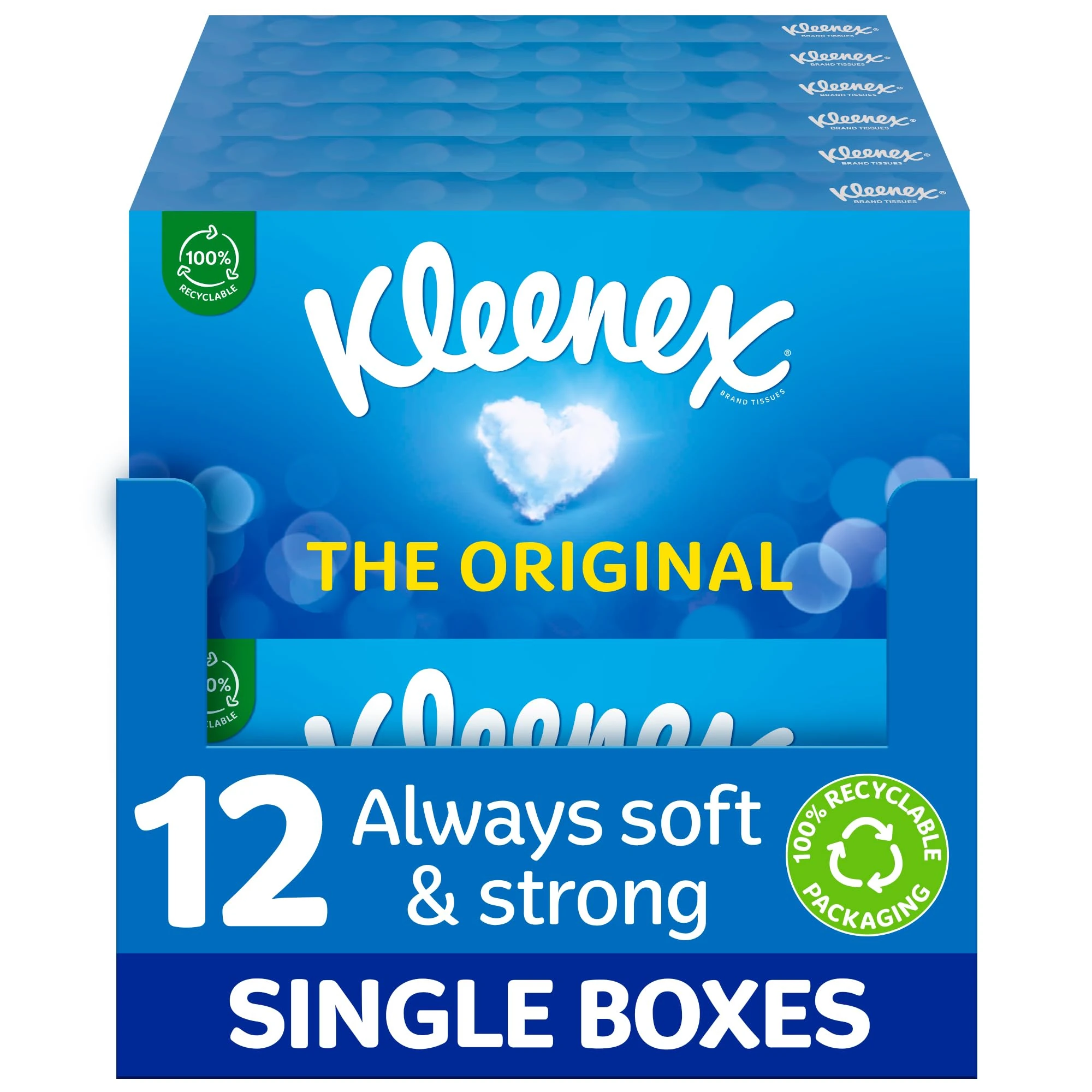 Kleenex Original Facial Tissues - Pack of 12 Tissue Boxes - Soft Tissues for Everyday Use - Gentle on Your Family's Skin with a Touch of Cotton
