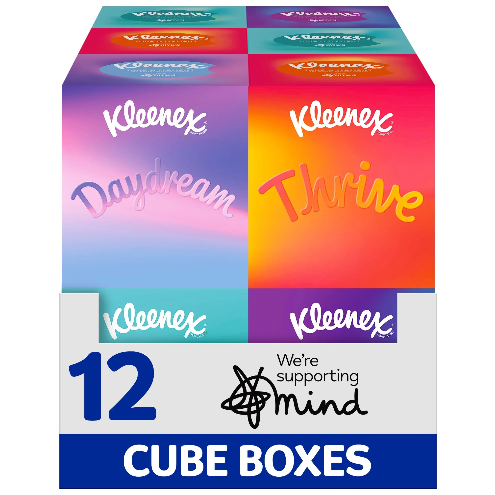 Kleenex® Take a Moment Collection Tissues - 12 Cube Tissue Boxes - in Aid of Mind - Contains 4 Different Designs