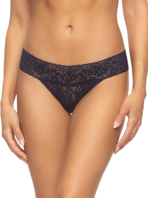 Felina | Signature Stretchy Lace Low Rise Thong | Panty (Evening Blue, M/L)