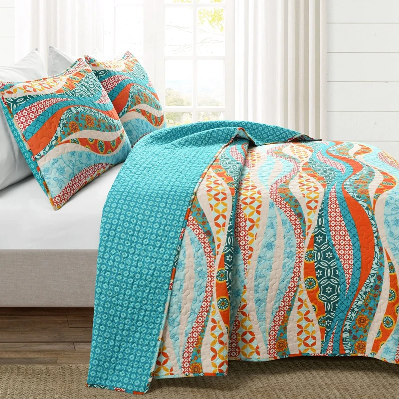 Lush Decor Hailey Watercolor Wave Reversible Cotton 3 Piece Quilt Set, Turquoise, Full/Queen