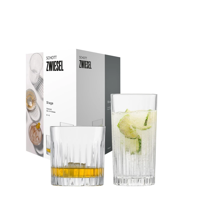 Schott Zwiesel 8-Piece Bar Set Stage, 4 Graceful Highball Glasses and 4 Whiskey Glasses with Relief, Dishwasher-Safe Crystal Glasses (Art. no. 121882)