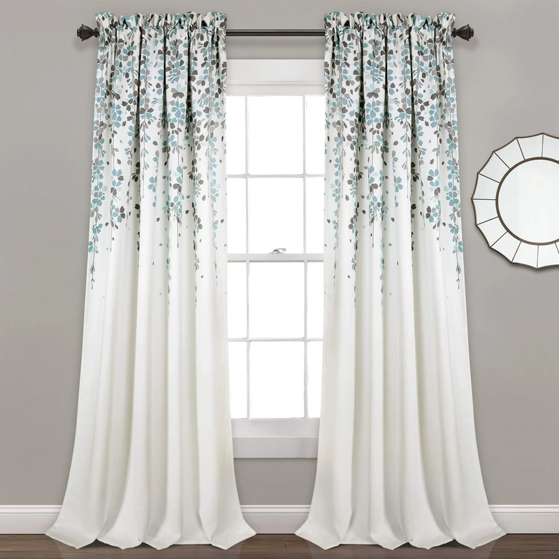 Lush Decor Weeping Flower Room Darkening Window Curtain Panel Pair, 108" L x 52" W, Blue & Gray