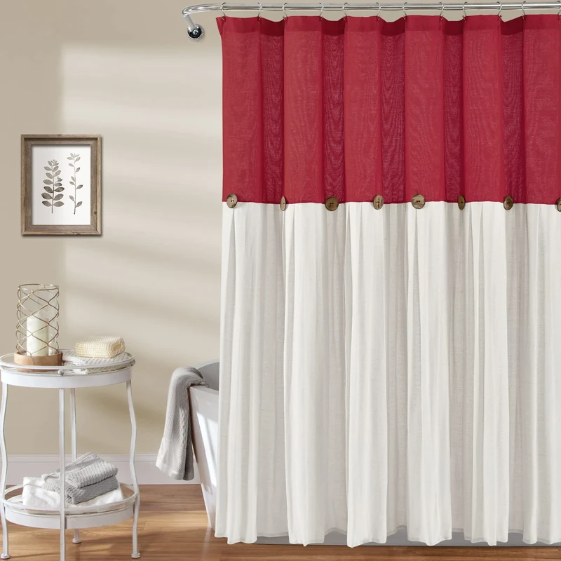 Lush Decor Linen Button Shower Curtain, 72" x 72", Red & White