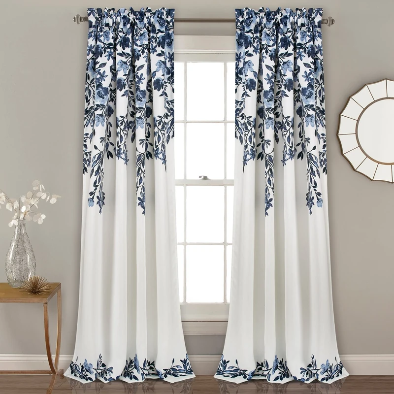 Lush Decor Tanisha Curtains - Light Filtering Window Panel Set, Pair - Floral Vine Print, Beautiful, Modern, Elegant Home Decor - 52" W x 108" L, Navy & White