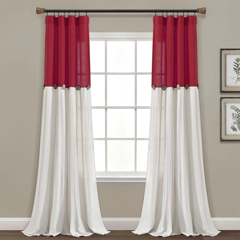 Lush Decor Linen Button Farmhouse Curtains, Single Panel, Pleated Two Tone Design 40" W x 84" L, Red & Off-White