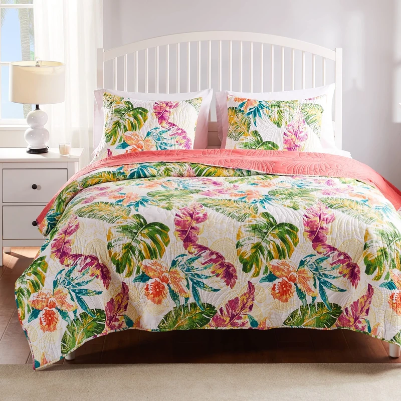 Greenland Home Tropics Cotton Quilt Set, 3-Piece Full/Queen, Coral