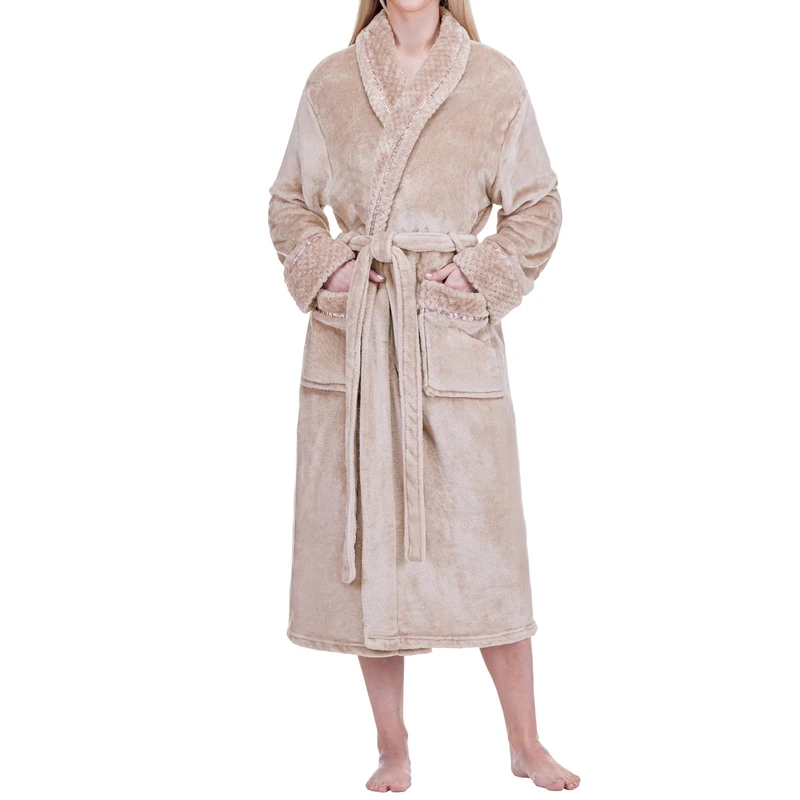 PAVILIA Soft Plush Women Fleece Robe, Cozy Warm Bathrobe, Fuzzy Female Long Spa Robe, Taupe, S-M - Image 1