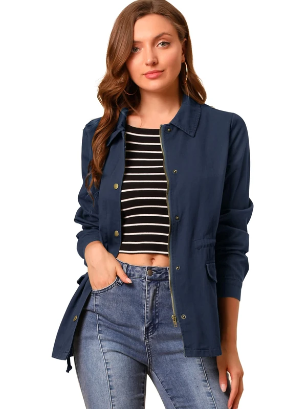 Allegra K Women's Drawstring Waist Flap Pockets Lightweight Utility Safari Jacket, Navy Blue, L - Image 1