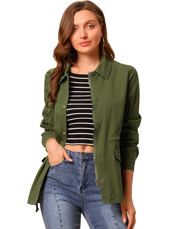 Allegra K Women's Drawstring Waist Flap Pockets Lightweight Utility Safari Jacket, Olive Green, L - Image 1