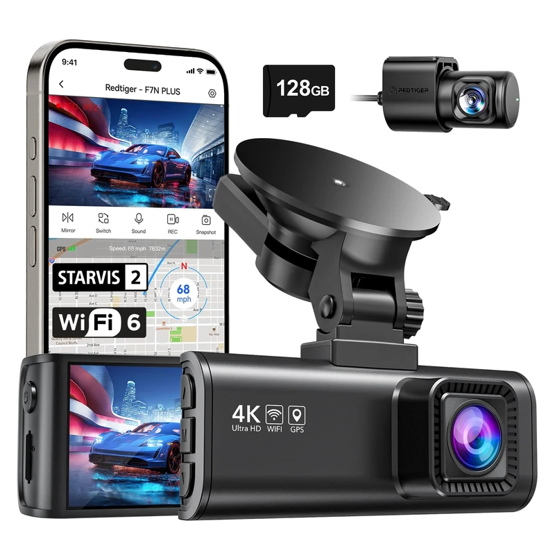 REDTIGER 4K Dash Cam Front and Rear, Fastest 5.8GHz Wi-Fi6 Dashcam with 128GB SD Card, STARVIS 2 Ultra Night Vision Dash Camera, 3.18” Screen, 170°Wide Angle, 24H Parking Mode, Max 512GB(F7NP)