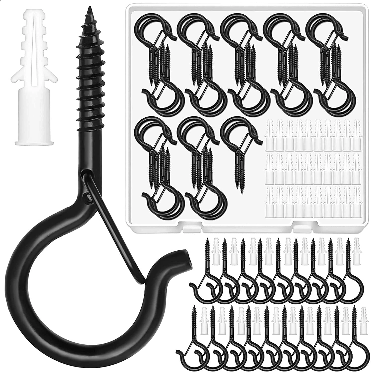 Comkrivy Mckanti 30 Pack Screw Hooks for Outdoor String Lights, Outdoor Hooks for Light Eye Hooks Screw in Cup Hooks Ceiling Hooks with Safety Buckles Q-Hanger Hooks for Plants Christmas Light