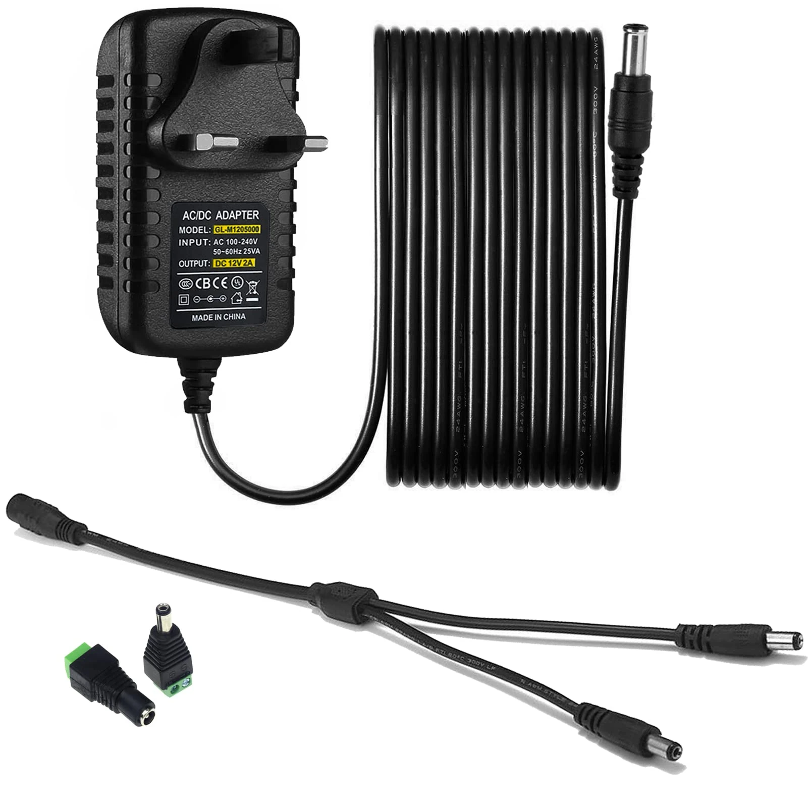 WiTi 12V 2A DC Power Supply Adapter for CCTV security camera,3 Meters Cable 2.1mm Connector with DC splitter cable 1-2CH