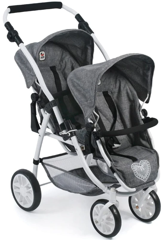 Tandem Buggy Vario, Twin Buggy for Two Dolls, Doll's Pram for Children from 4 to 8 Years, Jeans Grey