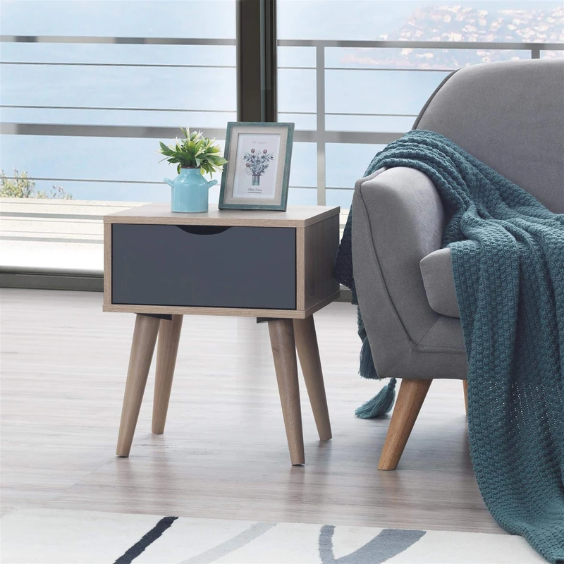 Timber Art Design UK Alford Bedside Lamp Table with Drawer Modern Bedroom Furniture Storage Cabinet Unit for Living Room/Office in Sonoma Oak Wood Effect & Grey, W40cm x H49.6xm x D36cm