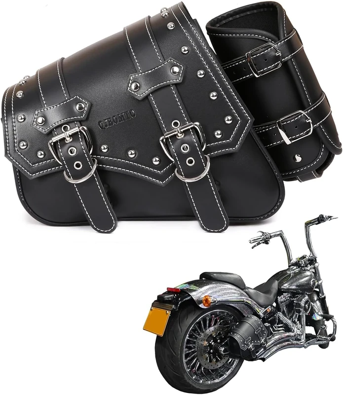 QJBOMTO Motorcycle Saddle Bags Side Bags - Saddlebags Softail PVC Leather for Harley Sportster Waterproof, Side Tool Bag, Universal Storage Tool Bag for Motorbike,with Cup Holder (Left Side) (Left2)