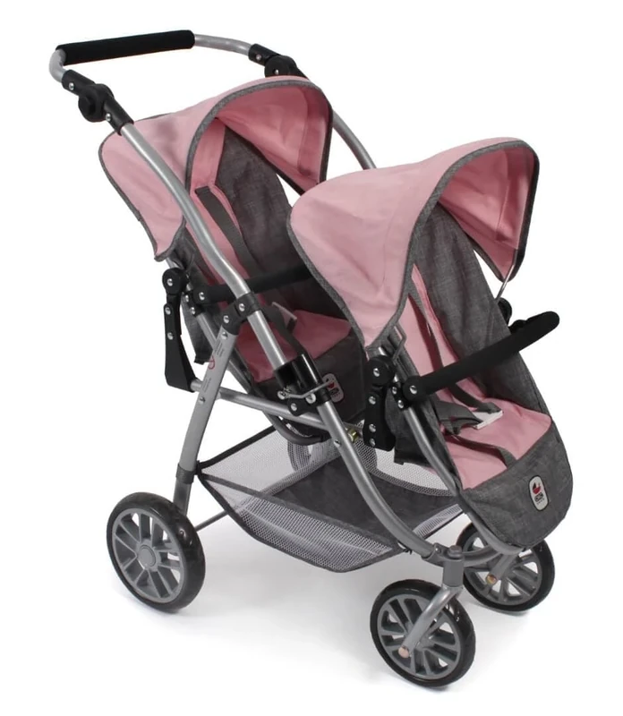 Vario Tandem Buggy, Twin Buggy for Two Dolls, Doll's Pram for Children from 4 to 8 Years, Melange Grey/Pink