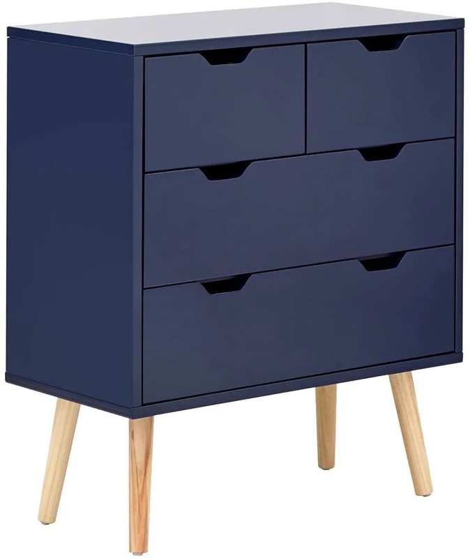 GFW Nyborg 2+2 Drawer Chest of Drawers, Blue Scandi Bedroom Storage Unit with Wooden Legs and Cut-Out Handles