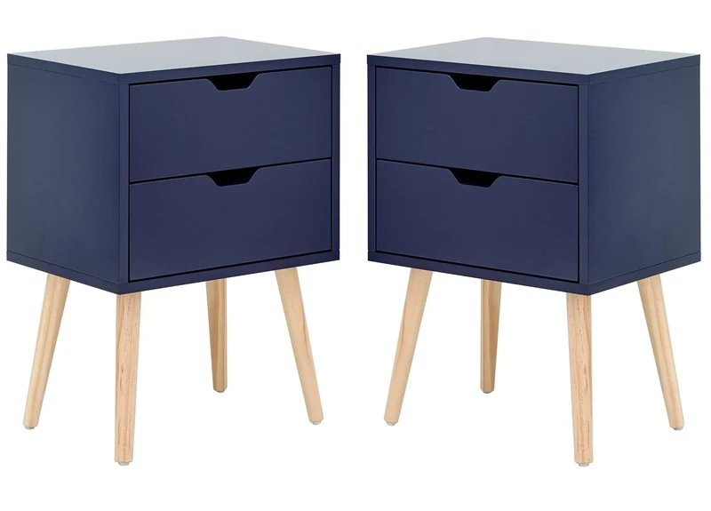 GFW Pair of Nyborg Scandinavian Style 2 Drawer Bedside Cabinet with Pine Wooden Legs, Wood, Nightshadow Blue, 40 x 56 x 30