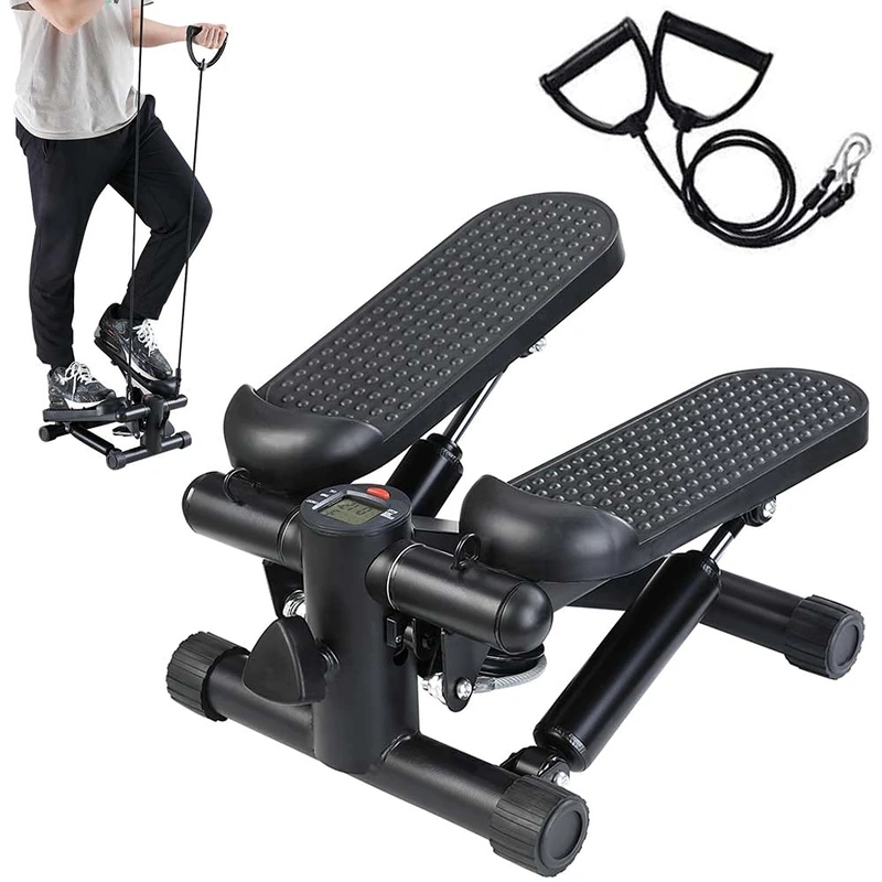 BAKAJI Stepper Fitness Workout Cardio Legs Belly Hips with LCD Display Calorie Time and Dumbbells Elastic Allenamneto Arms Shoulders Stainless Steel Structure Pedals Non-slip (Black) - Image 1