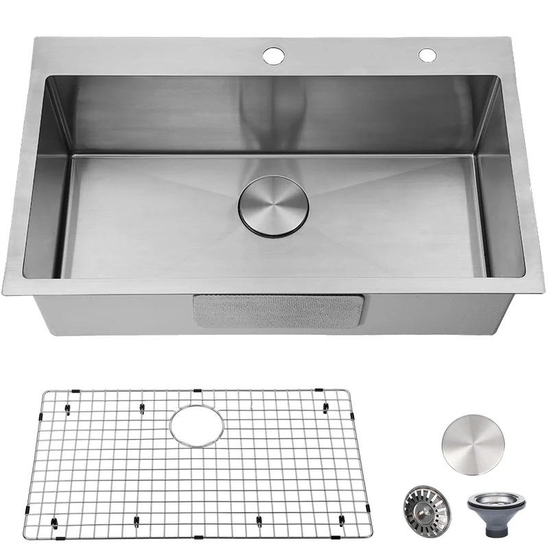 VESLA Home 30"x18" Inch 18 Gauge Topmount Single Bowl Stainless Steel Drop in Kitchen Sink,Overmount Handmade Brushed Nickel RV Kitchen Sinks with Dish Grid and Drain Cap