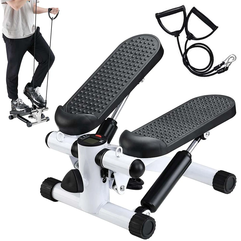 BAKAJI Stepper Fitness Workout Cardio Legs Belly Hips with LCD Display Calorie Time and Elastic Dumbbells Allenamneto Arms Shoulders Stainless Steel Structure Pedals Non-slip (White)