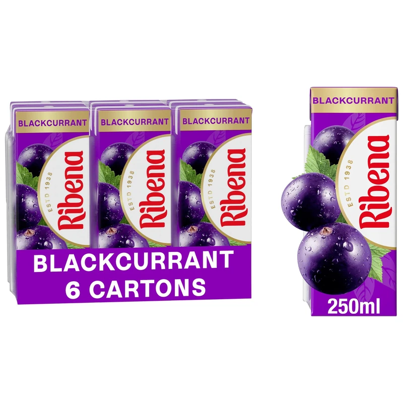 Ribena Blackcurrant Juice Drink Cartons - Multipack 6x250ml; Real Fruit; Rich In Vitamin C; No Artificial Colours or flavours ; Perfect For On The Go