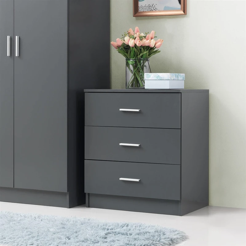 Timber Art Design UK Rio Costa 3 Drawer Bedroom Chest of Drawers with Chrome Metal Handles & Runners Storage Organiser Unit for Hallway Living Room Bedside Cabinet - Dark Grey, H69 x W60 x D40 cm