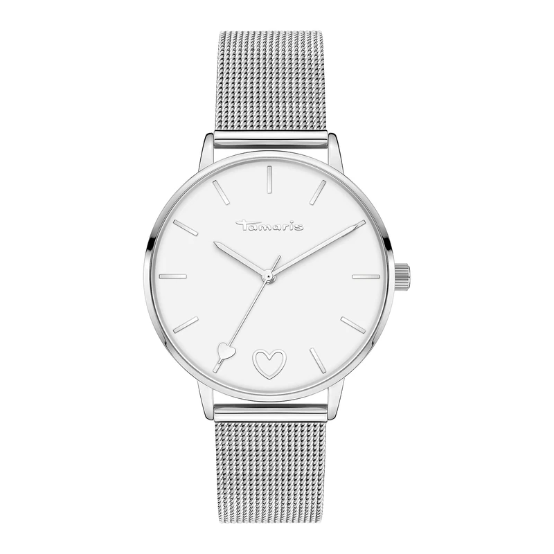 Tamaris Women's Watch with Mesh Strap Stainless Steel and Heart Detail, Silver mesh/Heart, 36 mm, Silver mesh/Heart
