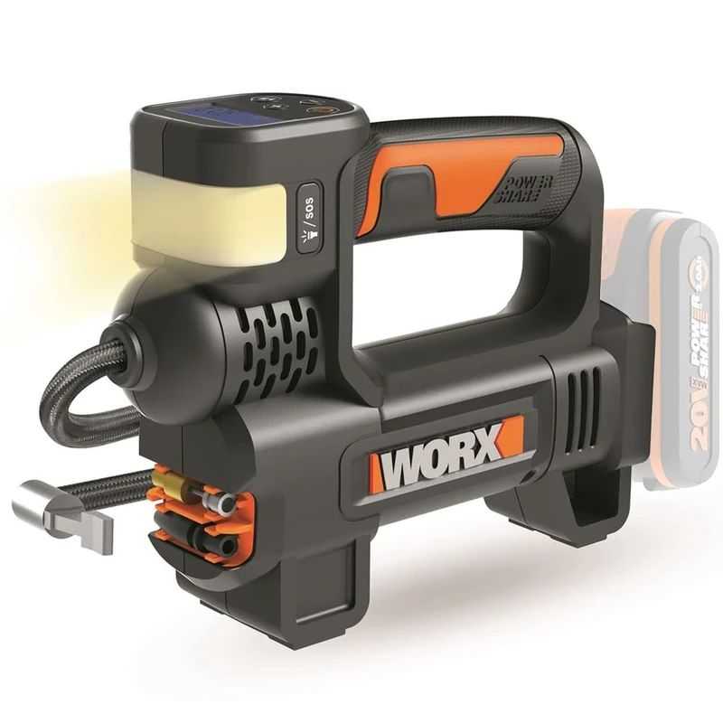 Worx WX092.9 Battery Compressor - 4 in 1: Multifunctional Air Pump with Precise Digital Display & Pressure Control, Work Light & SOS Emergency Signal Light - Max. 10 Bar - Without Battery and Charger