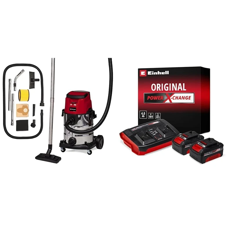 Einhell Power X-Change 25L Cordless Wet and Dry Vacuum Cleaner With Battery (x2) And Charger - 36V, Heavy Duty Stainless Steel Tank, 2.5M Hose, Blow Function - TC-VC 36/25 Li S Wet Dry Vacuum Cleaner