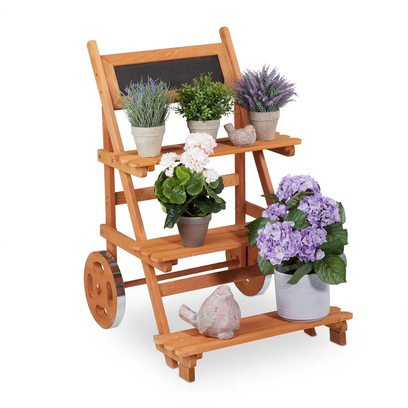 Relaxdays Plant Stand, 3 Shelves, Wheels, Flower Rack, Indoor, H x W x D: 90.5 x 59.5 x 69 cm, Wood, Brown