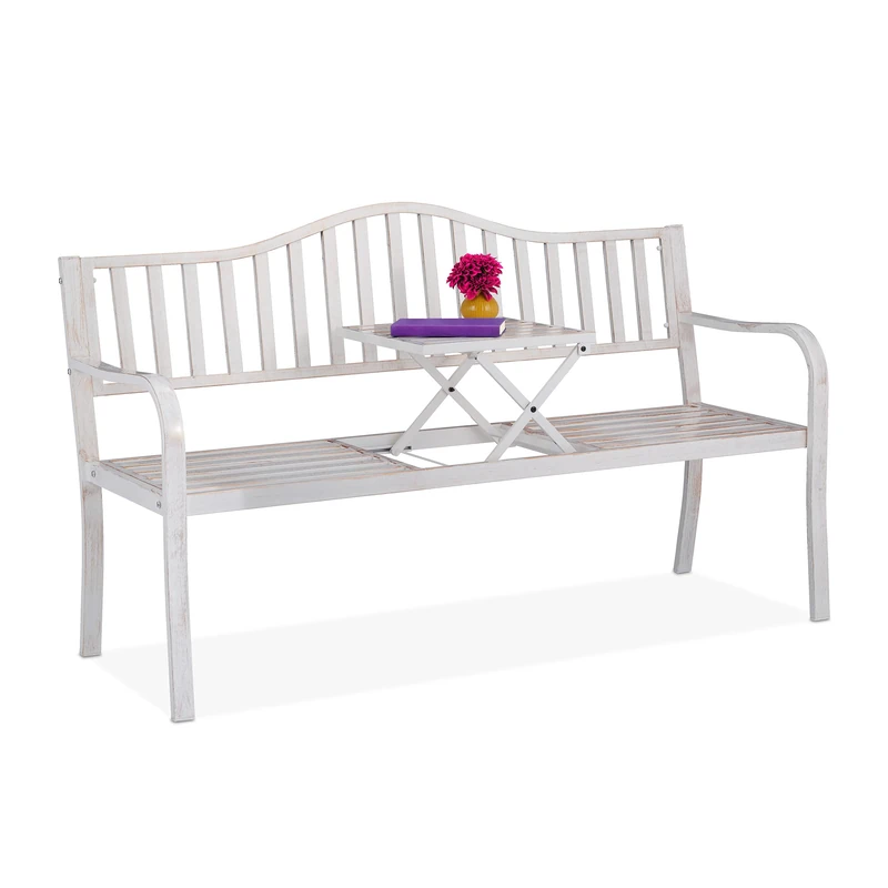 Relaxdays Garden Bench with Folding Table, 3 Seater, Garden, Metal Balcony Bench, H x D 89 x 150 x 58.5 cm, White Bronze