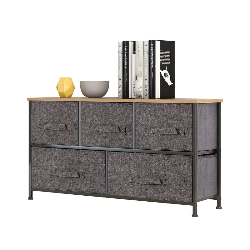 Mondeer Bedroom Chest of Drawers, Hallway Storage Unit, Fabric Chest of Drawers, Toy Storage for Living Room, Wooden Sideboard Storage Cabinet, Modular Storage Wardrobe with 5 Drawers, Grey