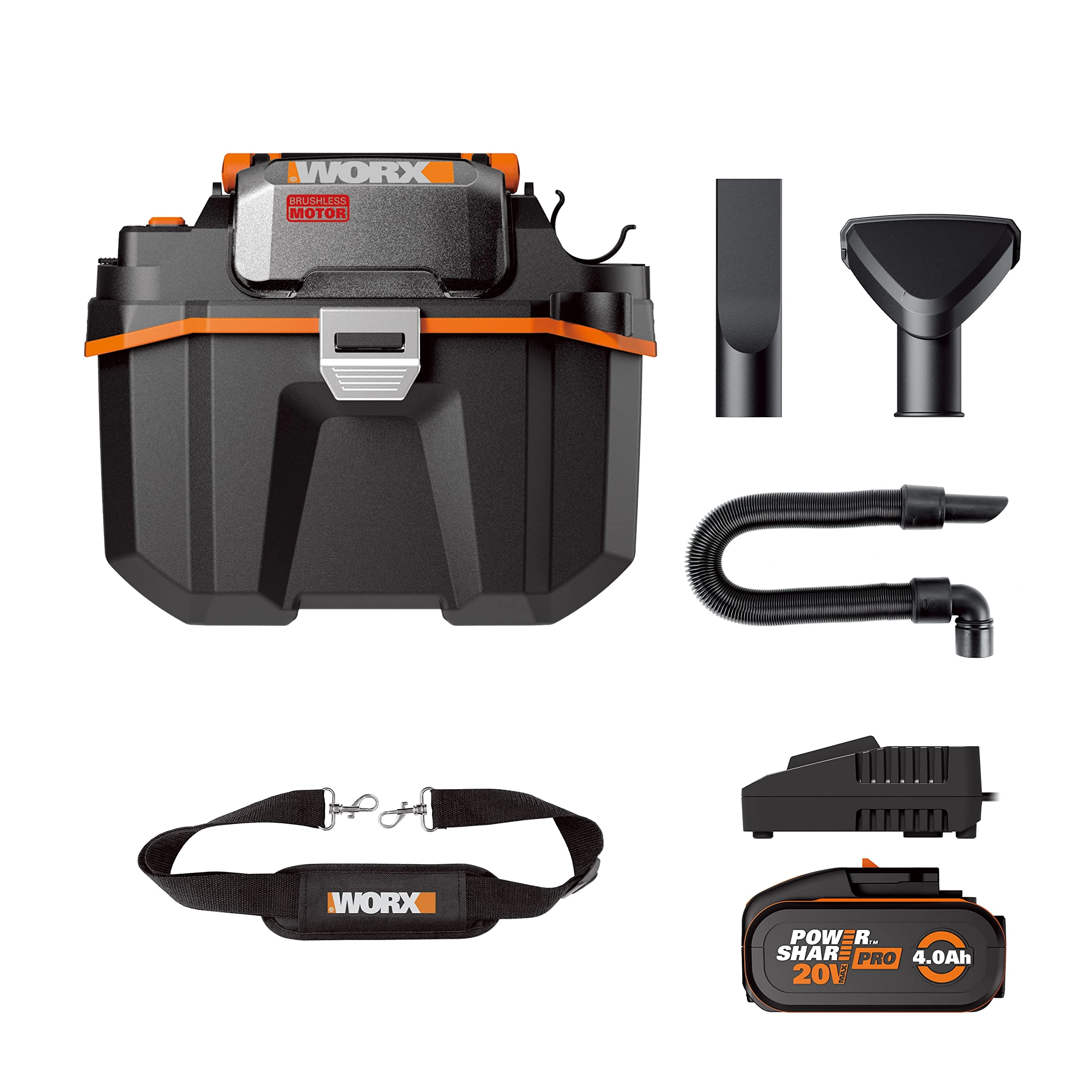 WORX 18V(20V MAX) Cordless Shop Vacuum WX031 Portable Wet/Dry Vacuum Cleaner, 8L Dust Capacity, 16 Kpa Strong Suction, PowerShare, 1 * 4.0Ah Battery, 1 * 2A Charger