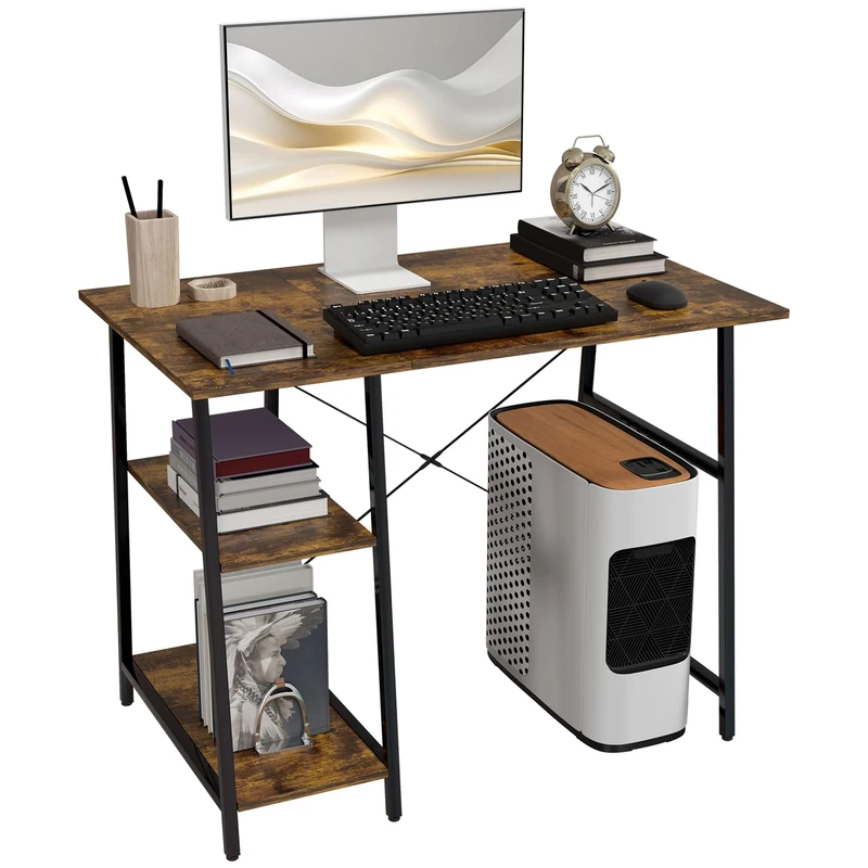 HOMCOM Computer Desk with Storage, Industrial Home Office Desk with 2 Tier Shelves and Steel Frame, Work Desk for Study Room, Black and Rustic Brown