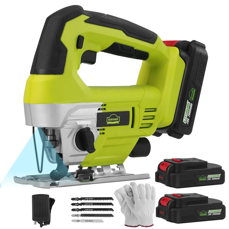DEWINNER 20V Cordless Jig Saws, Electric Jigsaw with 0-4 Orbital Sets, 2 x 2000mAh Battery, ±45°Bevel Cutting Angle,LED Light, 5PCS T-Shank Blades for Wood Metal Cutting