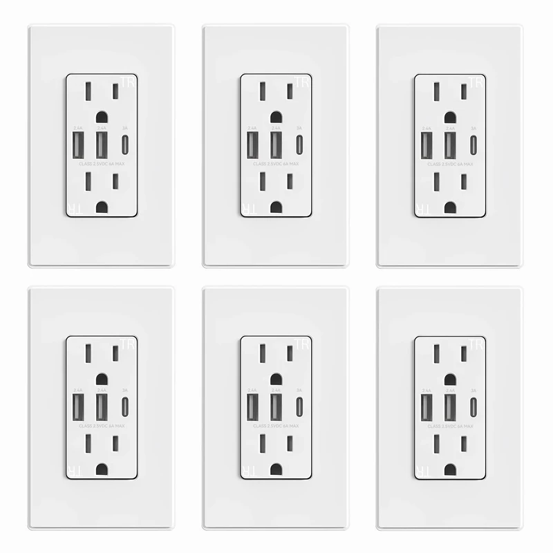 ELEGRP 30W 6.0 Amp 3-Port USB Wall Outlet, 15 Amp Receptacle with USB Type-C Type A Ports, USB Charger for iPhone, iPad, Samsung, LG, HTC and Android Devices, UL Listed, with Wall Plate, 6 Pack, White